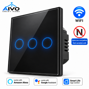 AIVO Smart Wi-Fi Touch прекинувач со 3 канали – стаклен панел